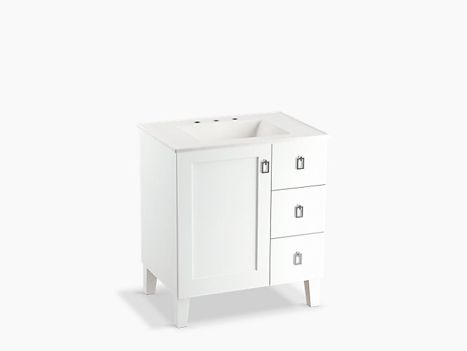 poplin® 30" bathroom vanity cabinet with legs, 1 door and 3 drawers on right